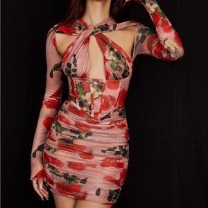 House of CB Floral Long Sleeve Dress - Red and Pink